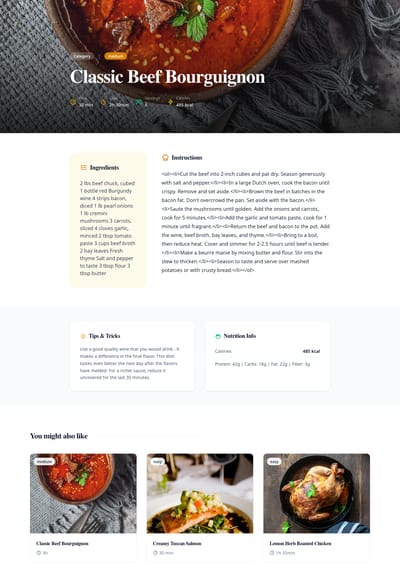 Food Cards - recipe detail page preview