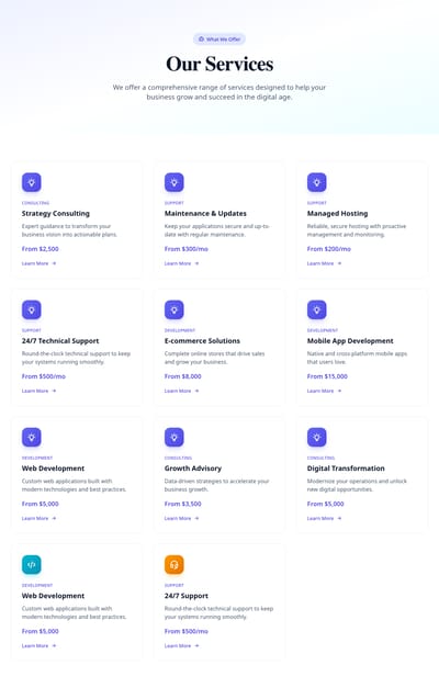 Screenshot of Services module template
