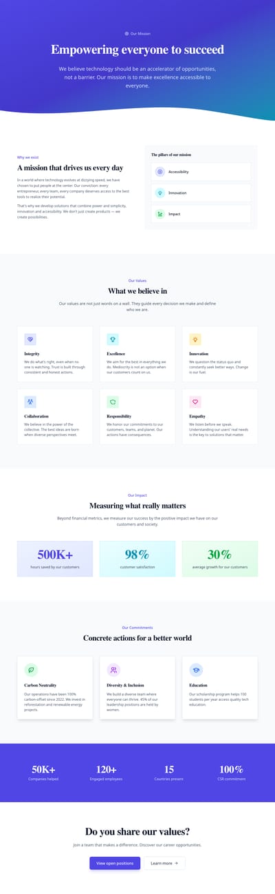 Screenshot of Company Mission & Values page template