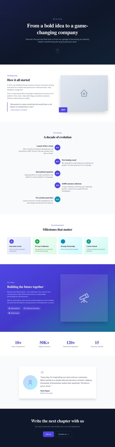 Screenshot of Company Story page template