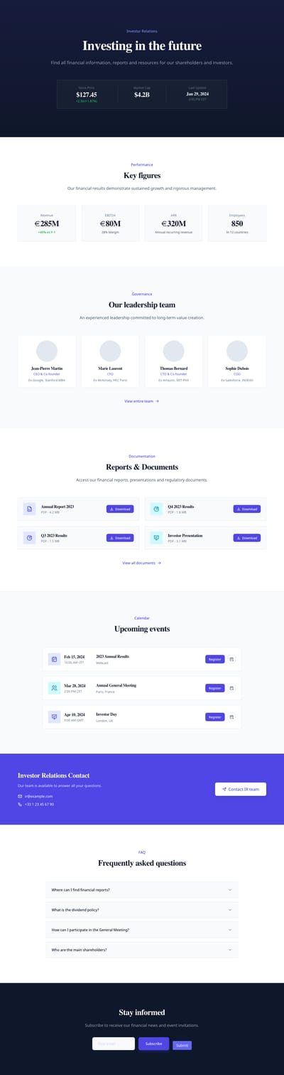 Screenshot of Investor Relations page template