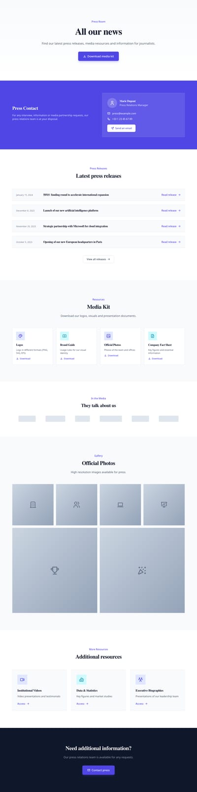 Screenshot of Press Room page template