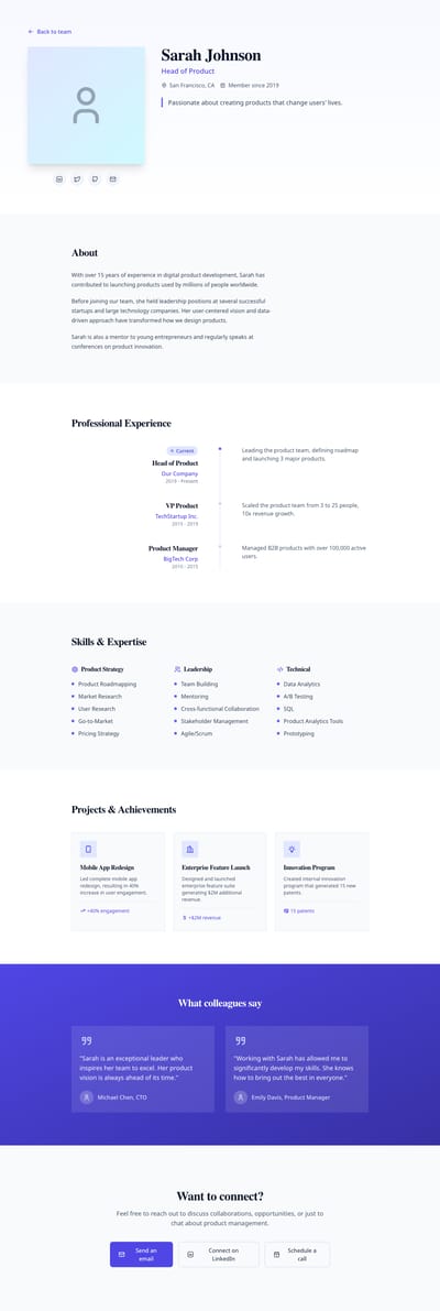 Screenshot of Team Member Profile page template