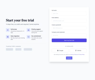 Screenshot of Free Trial Signup page template