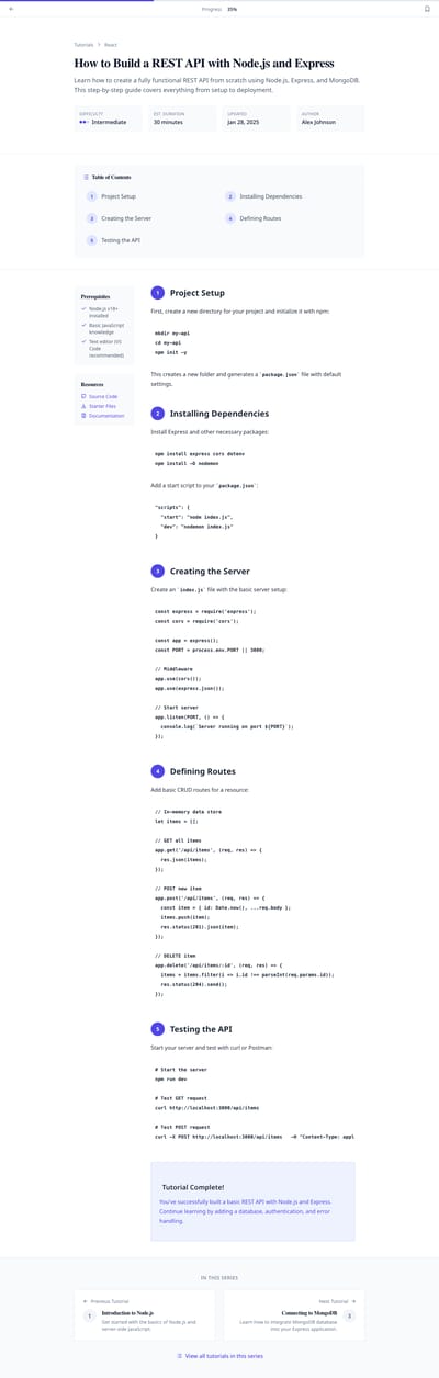 Screenshot of Tutorial Article page template