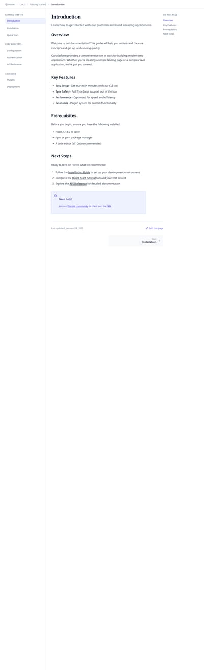 Screenshot of Documentation Page page template