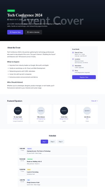 Screenshot of Event Page page template