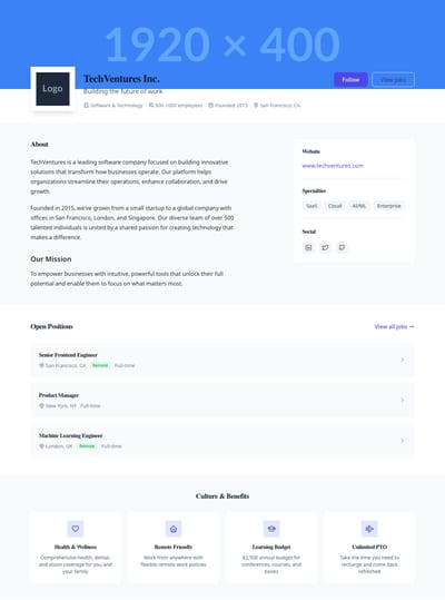 Screenshot of Company Profile page template