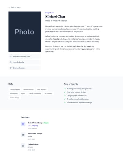 Screenshot of Team Member Profile page template