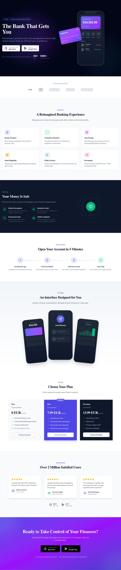 Screenshot of Fintech App page template