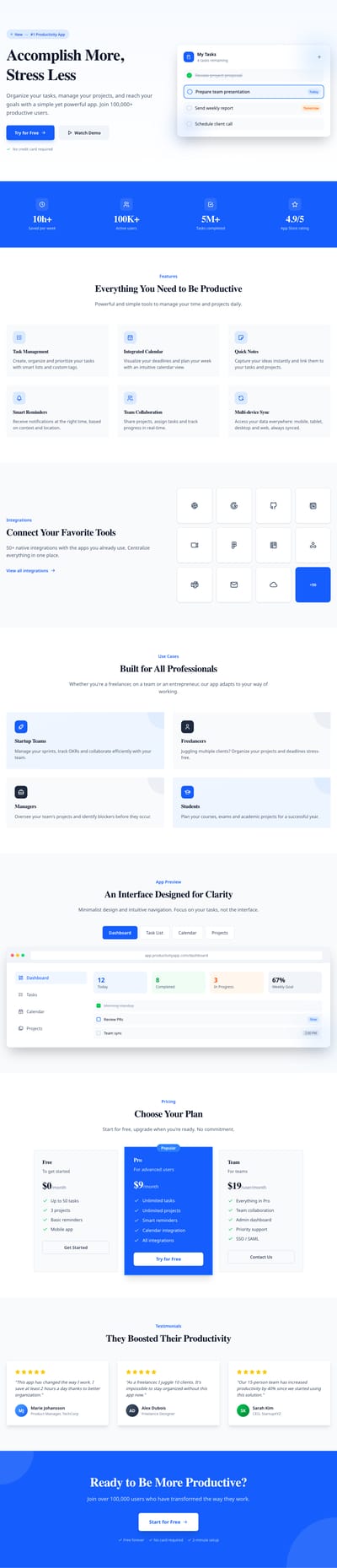 Screenshot of Productivity App page template