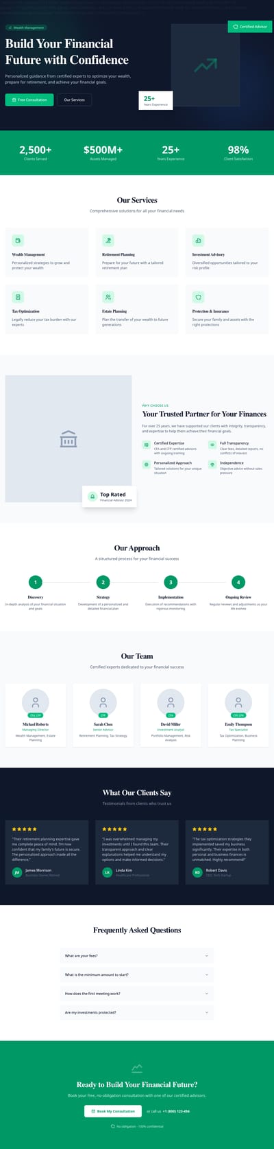 Screenshot of Financial Advisor page template