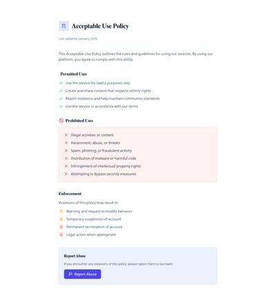 Screenshot of Acceptable Use page template