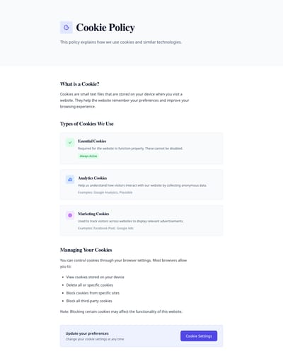 Screenshot of Cookie Policy page template