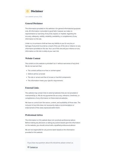 Screenshot of Disclaimer page template
