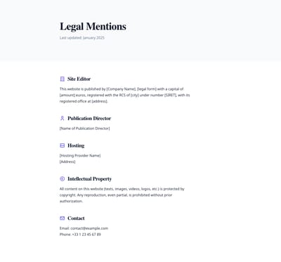 Screenshot of Legal Mentions page template