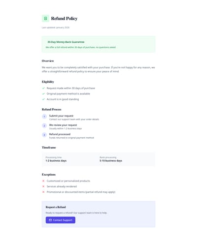 Screenshot of Refund Policy page template
