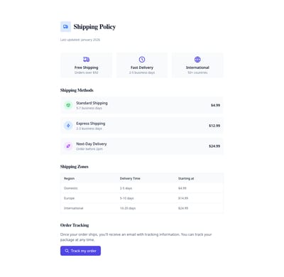 Screenshot of Shipping Policy page template