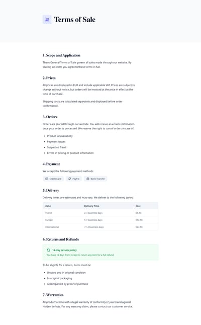 Screenshot of Terms of Sale page template