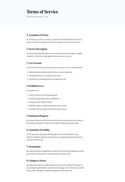 Screenshot of Terms of Service page template