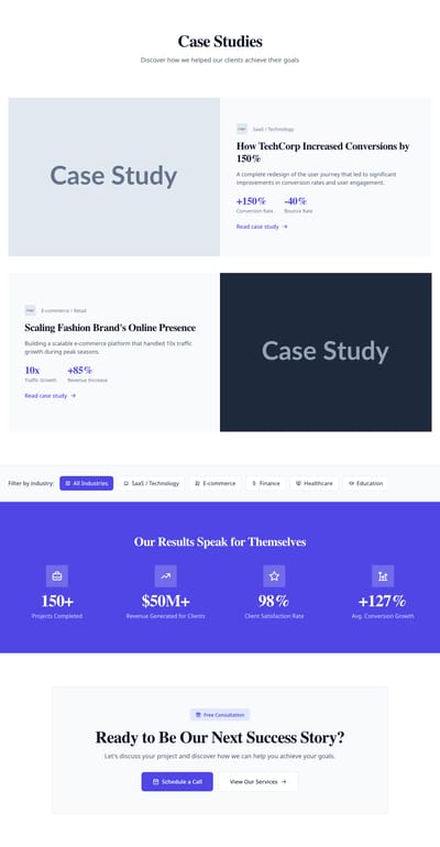 Screenshot of Case Studies page template
