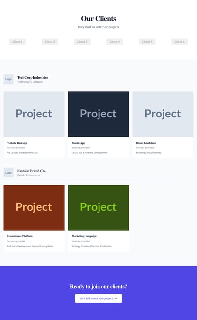 Screenshot of Client Work page template