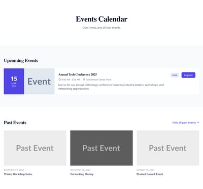 Screenshot of Events Calendar page template