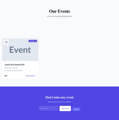 Screenshot of Events Cards page template