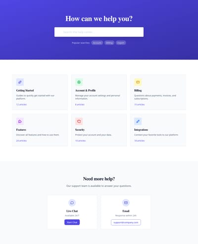 Screenshot of Help Center page template