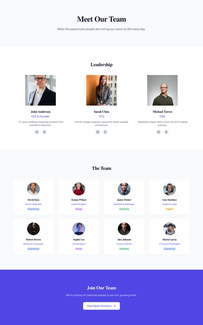 Screenshot of Our Team page template