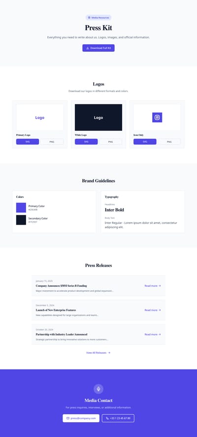 Screenshot of Press Kit page template