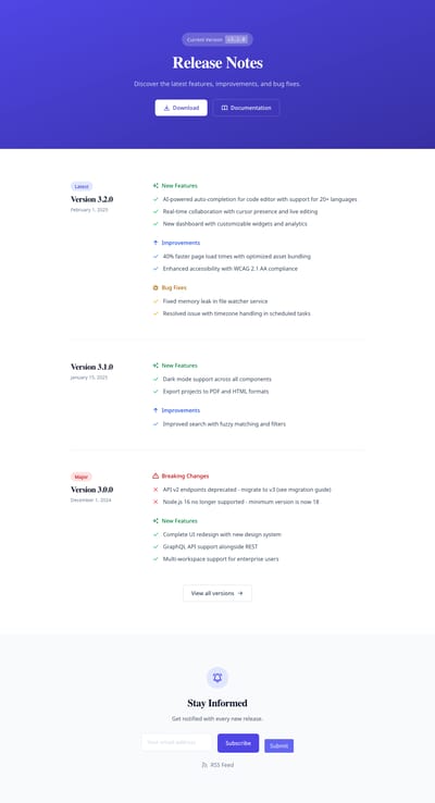 Screenshot of Release Notes page template