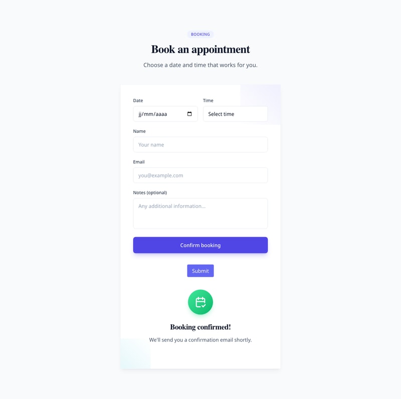 Screenshot of Form Booking template