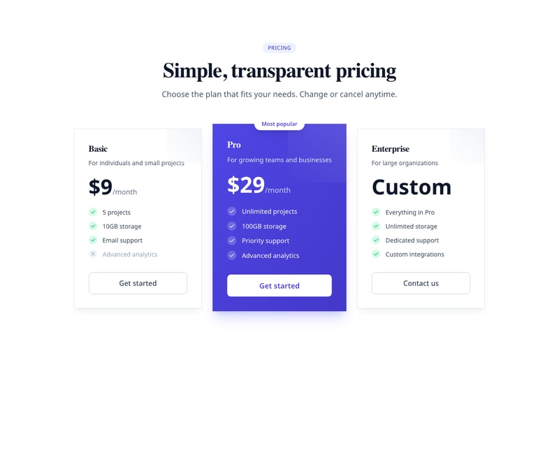 Screenshot of Pricing Cards 3 Tiers template