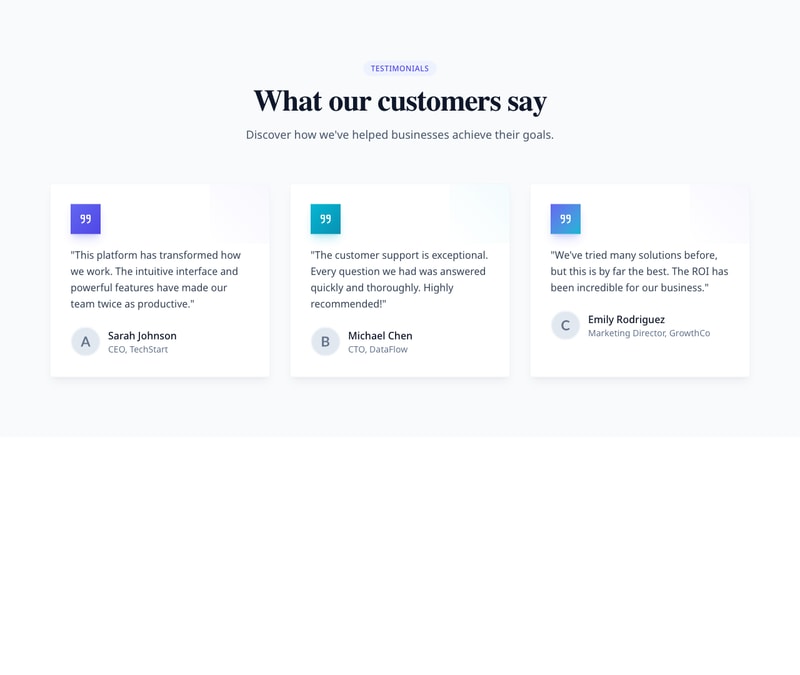 Screenshot of Testimonials Grid 3 template