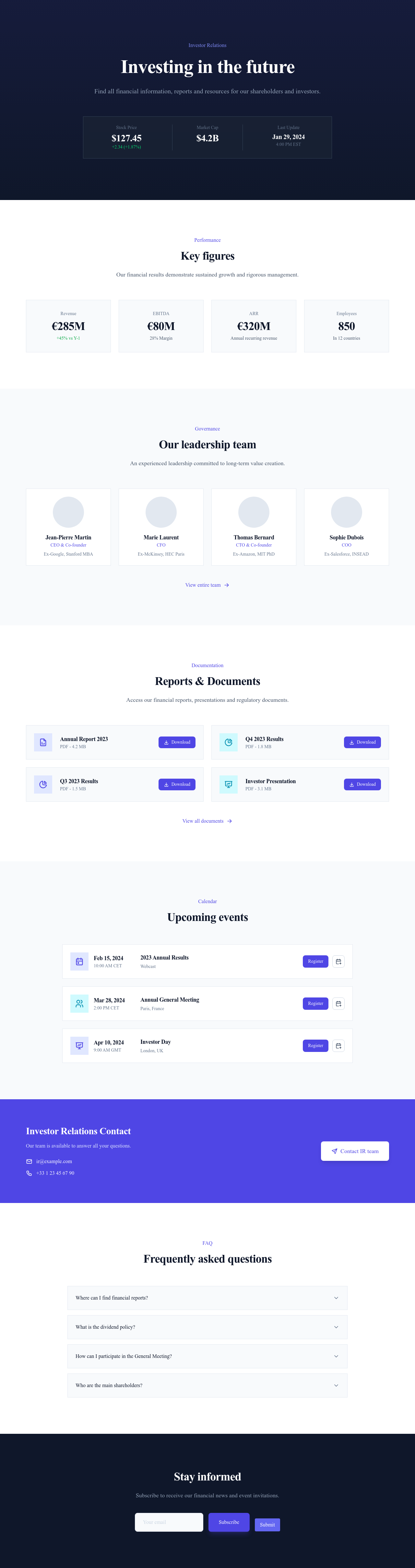 Screenshot of Investor Relations page template