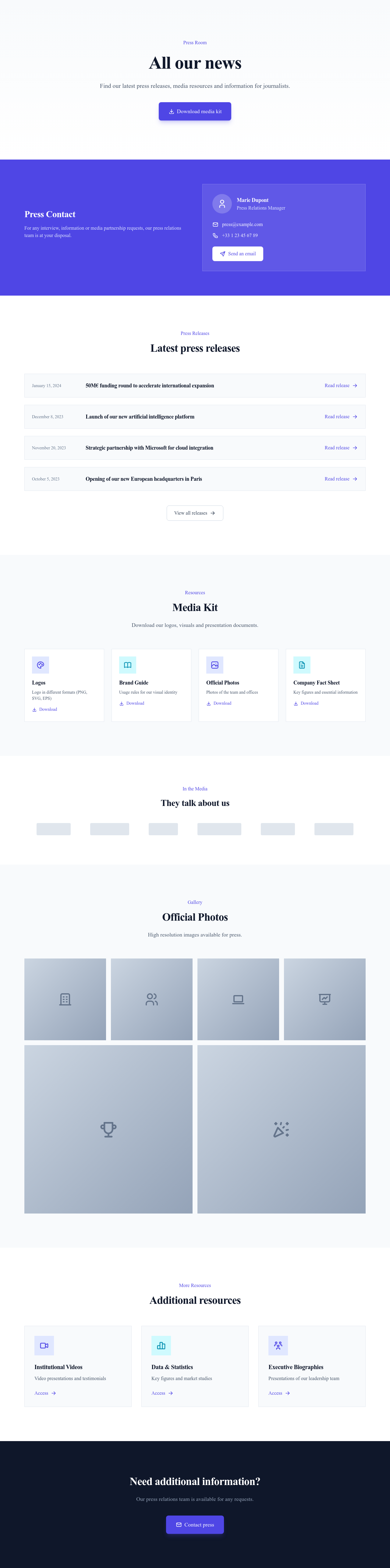 Screenshot of Press Room page template