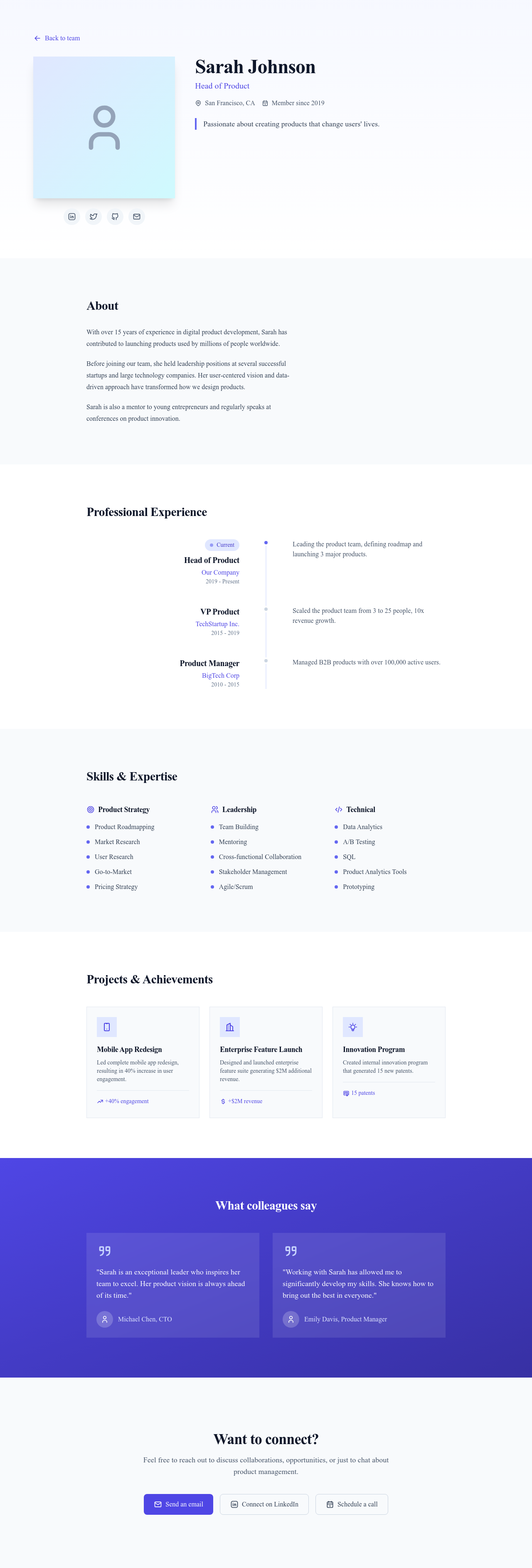 Screenshot of Team Member Profile page template