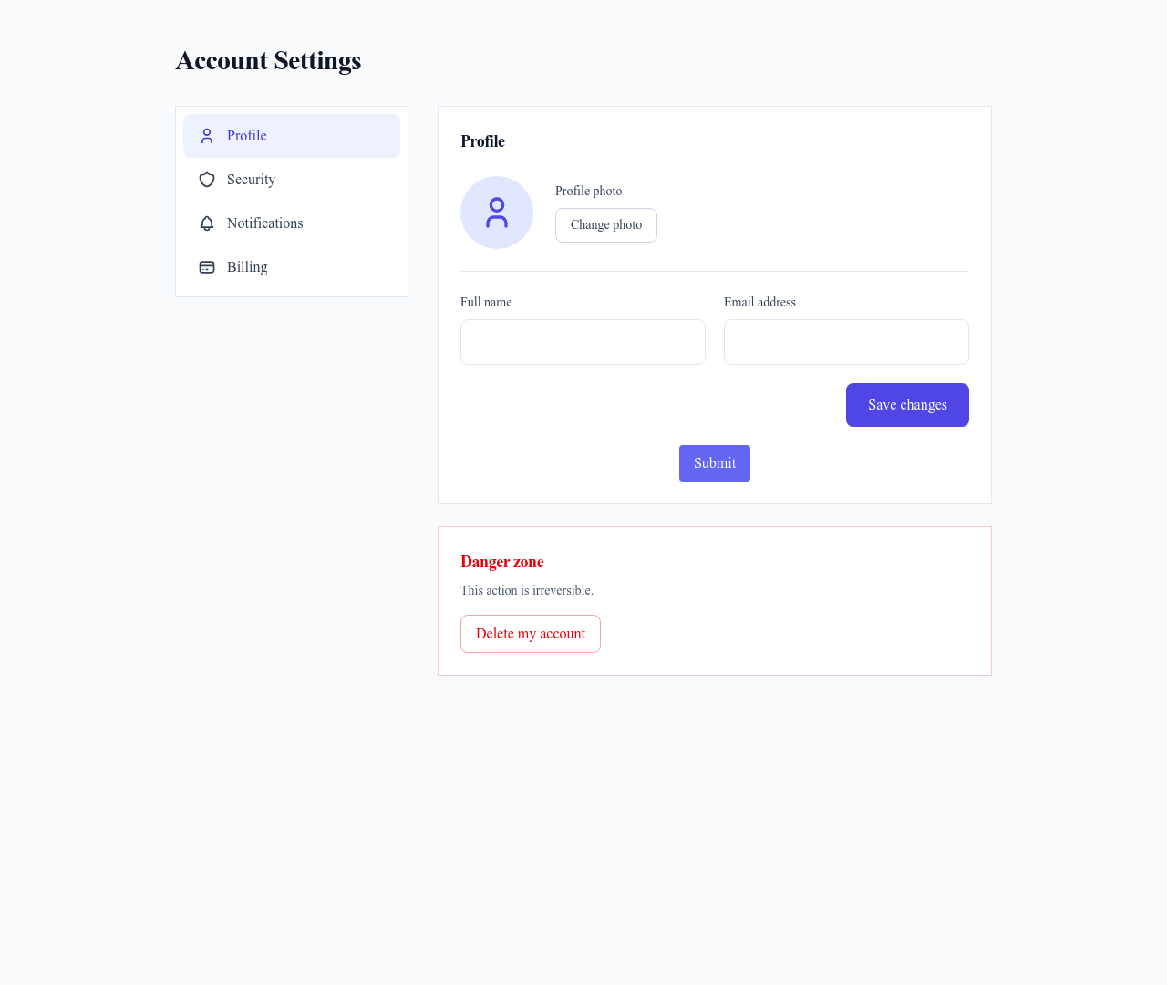 Screenshot of Account Settings page template