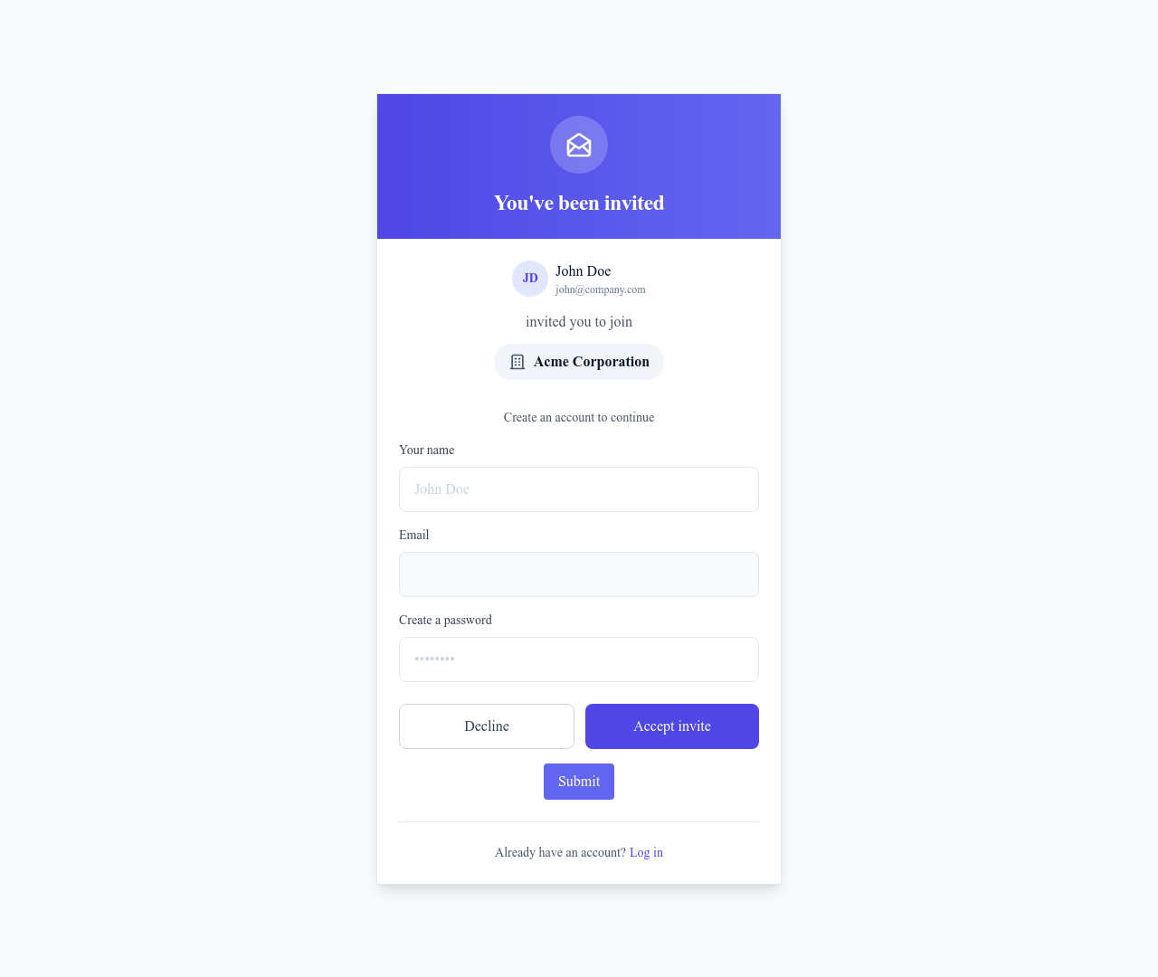 Screenshot of Accept Invite page template
