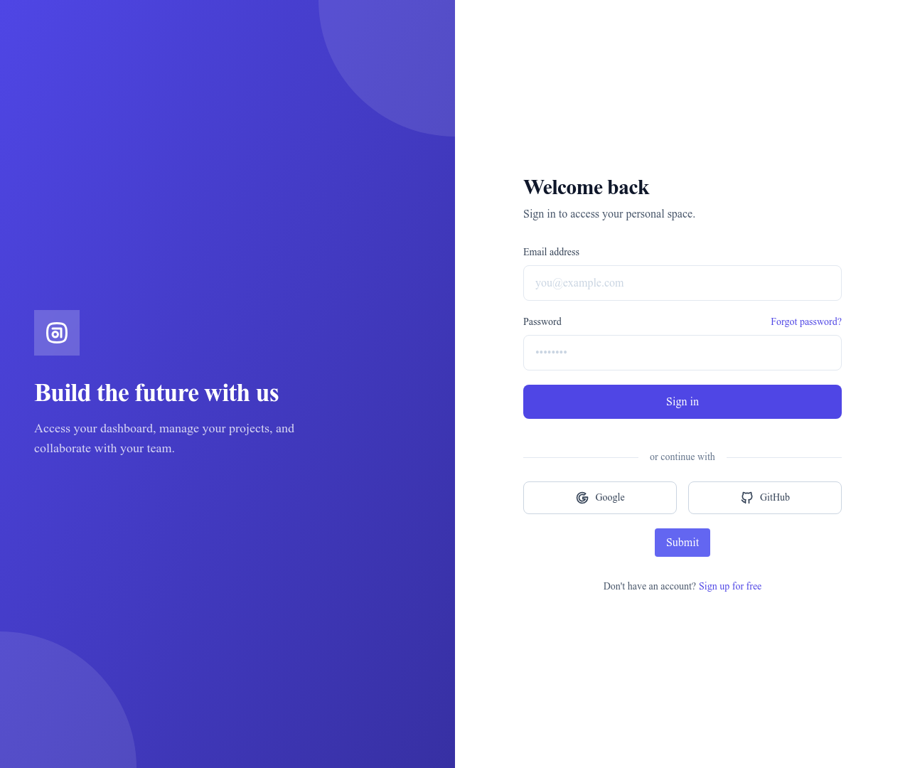 Screenshot of Split Login page template