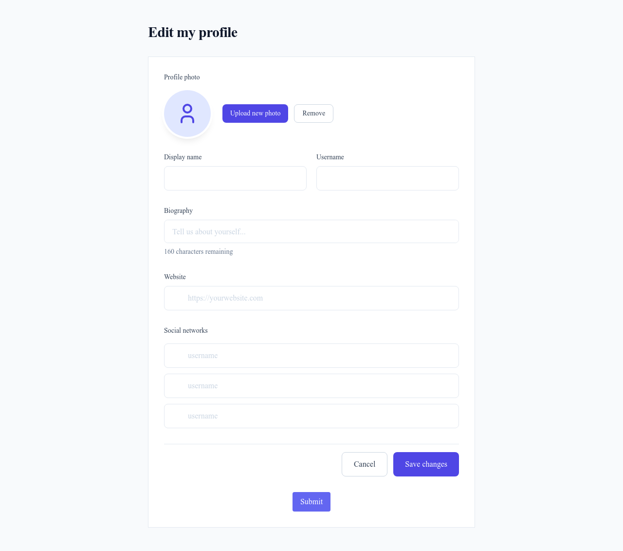 Screenshot of Edit Profile page template