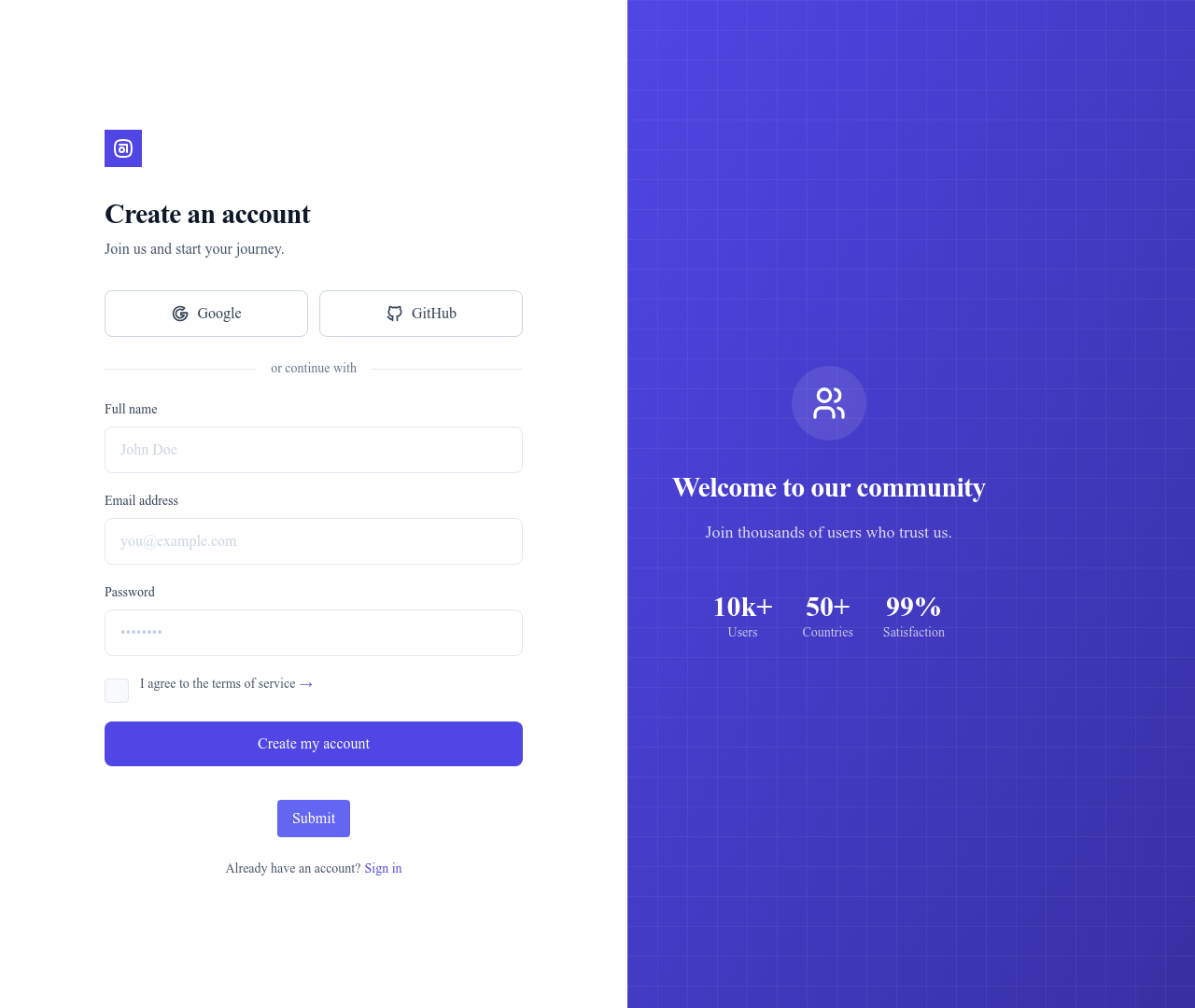 Screenshot of Split Register page template