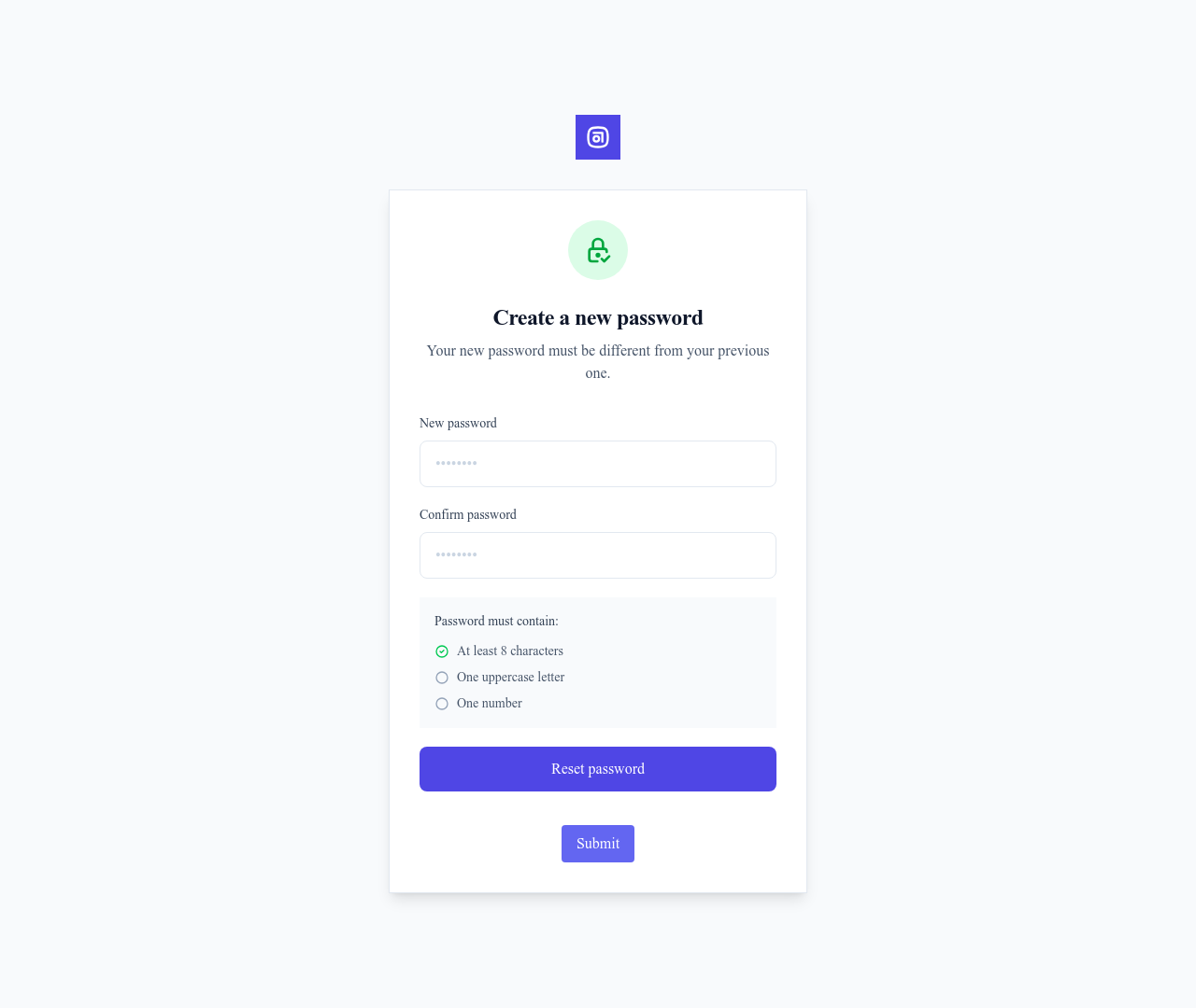Screenshot of Reset Password page template