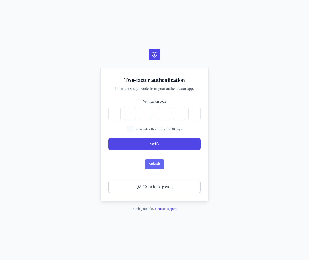 Screenshot of Two-Factor Auth page template