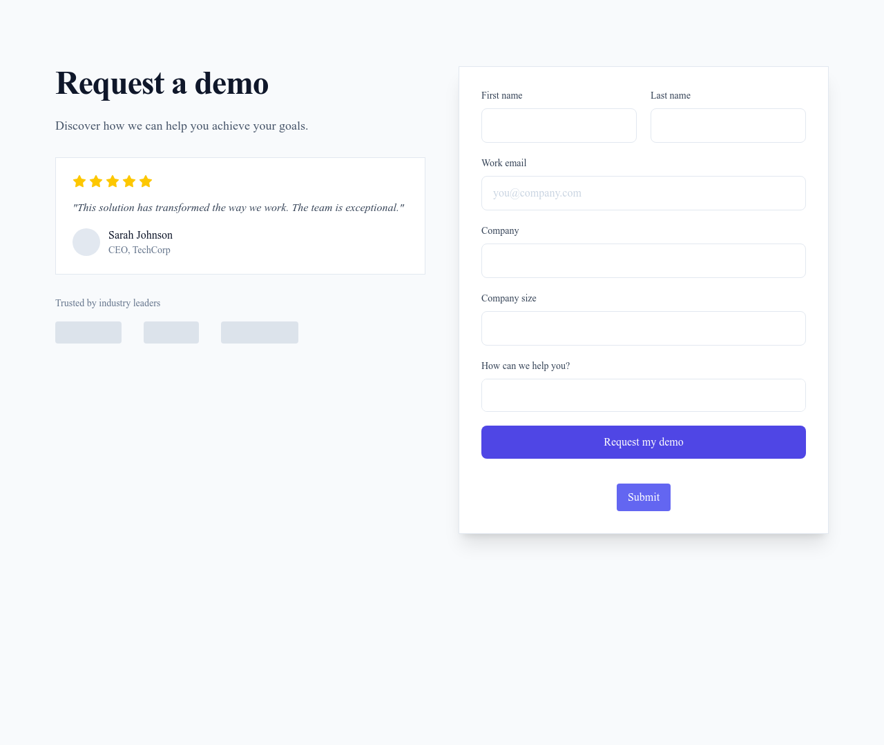 Screenshot of Demo Request page template