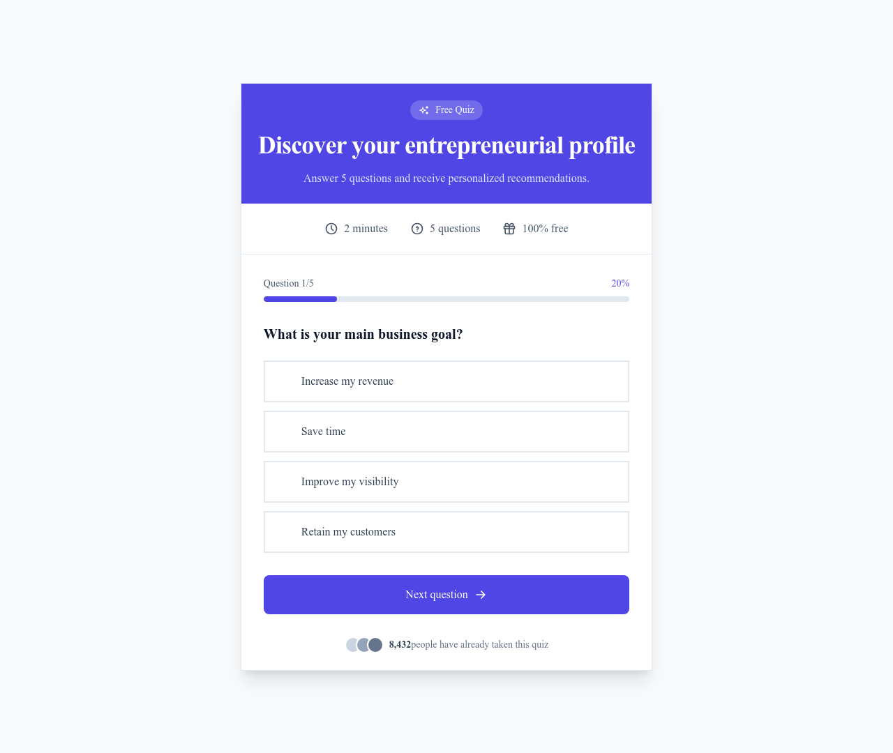 Screenshot of Quiz Lead Capture page template