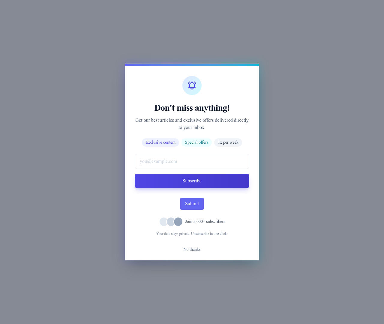 Screenshot of Popup Newsletter Signup page template