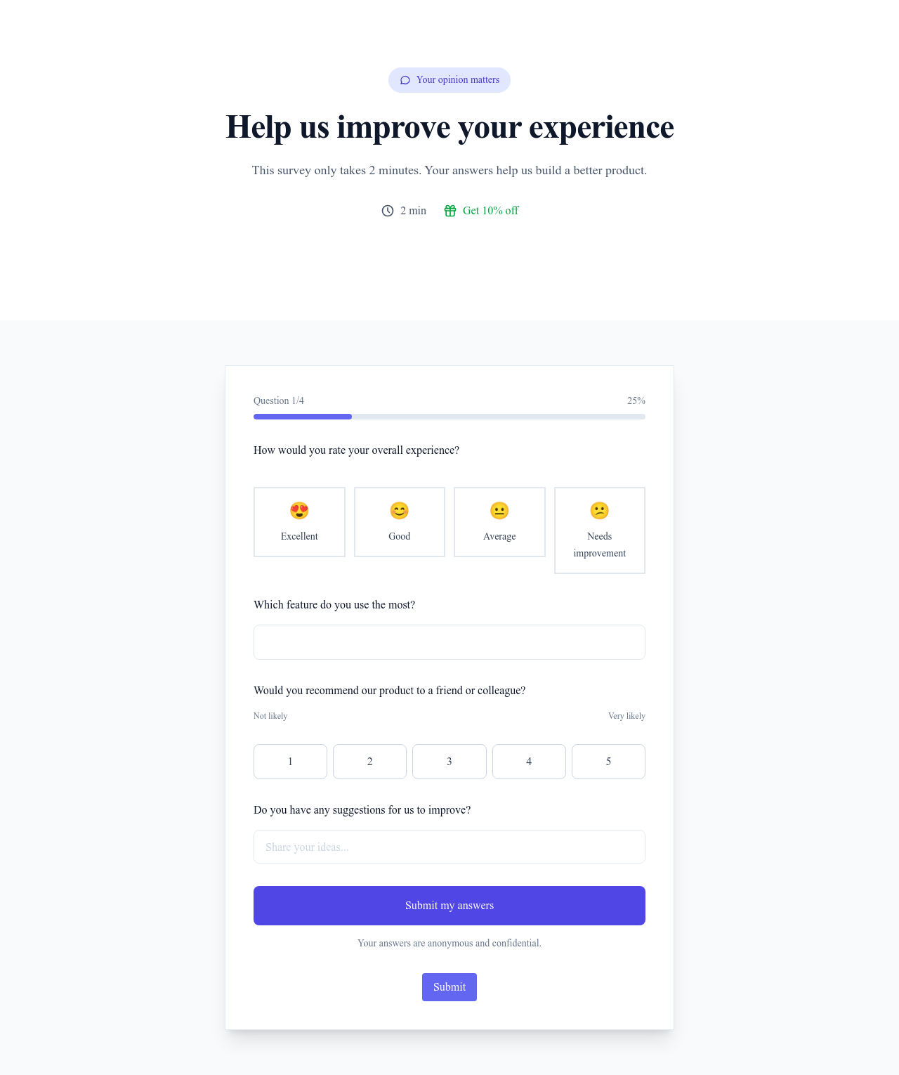 Screenshot of Survey / Feedback page template