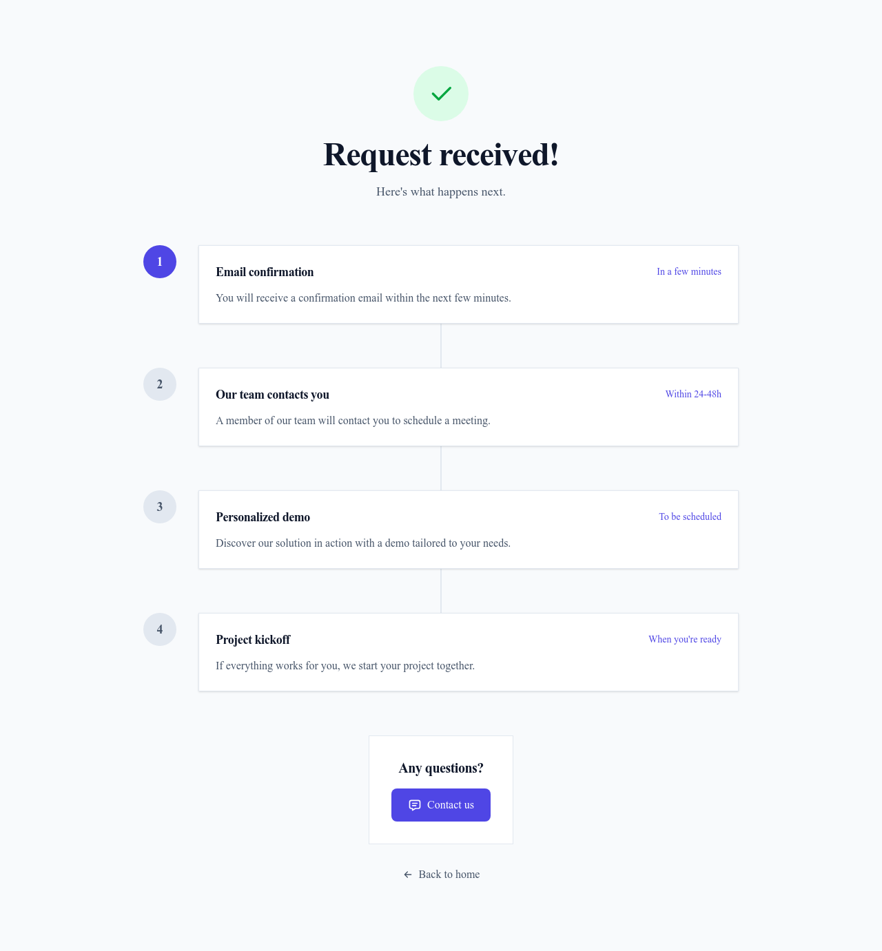 Screenshot of Thank You with Next Steps page template